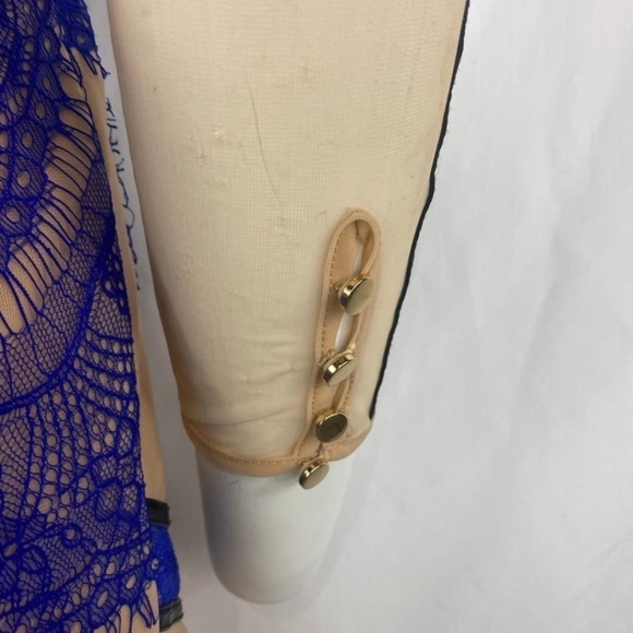 THREE Floor Nude Mesh and Blue Lace Mini Evening Dress - Picture 5 of 6